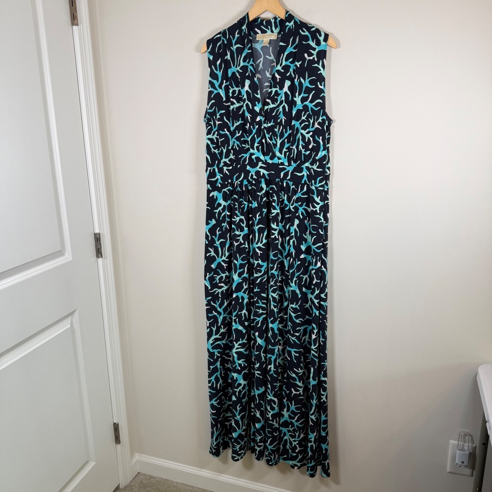 Michael Kors Coral Print Maxi Dress 1X Navy Teal Sleeveless V-Neck Slit Stretchy